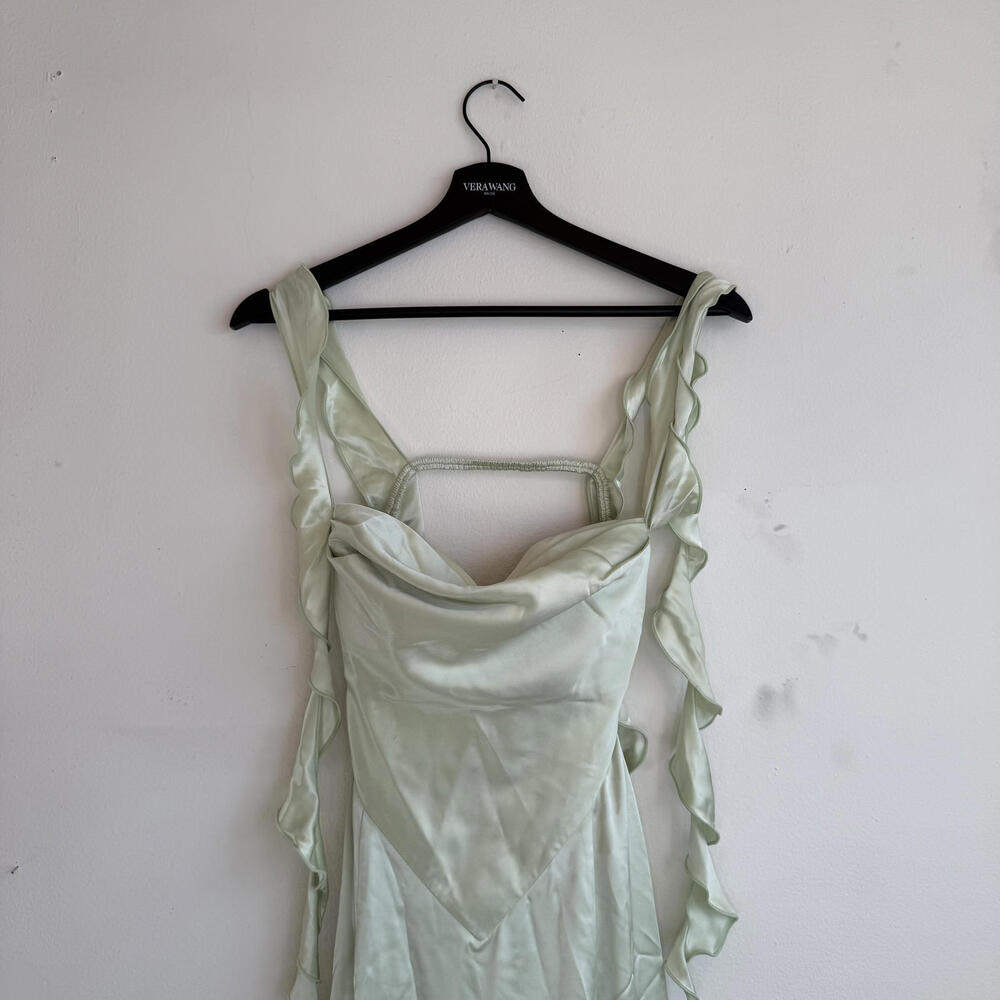 Nana Jaqueline Light Green Satin Long Dress with Ruffle Sleeves
